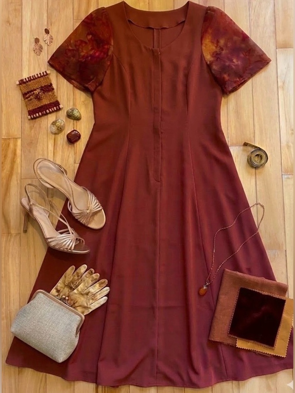 Unique Handmade Rust  Midi Dress – One-of-a-Kind Princess Cut